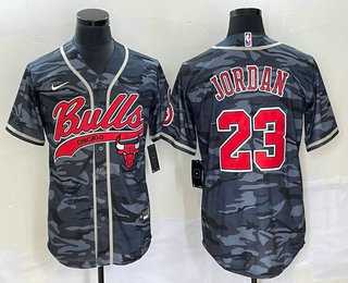 Men%27s Chicago Bulls #23 Michael Jordan Black Camo With Patch Cool Base Stitched Baseball Jersey